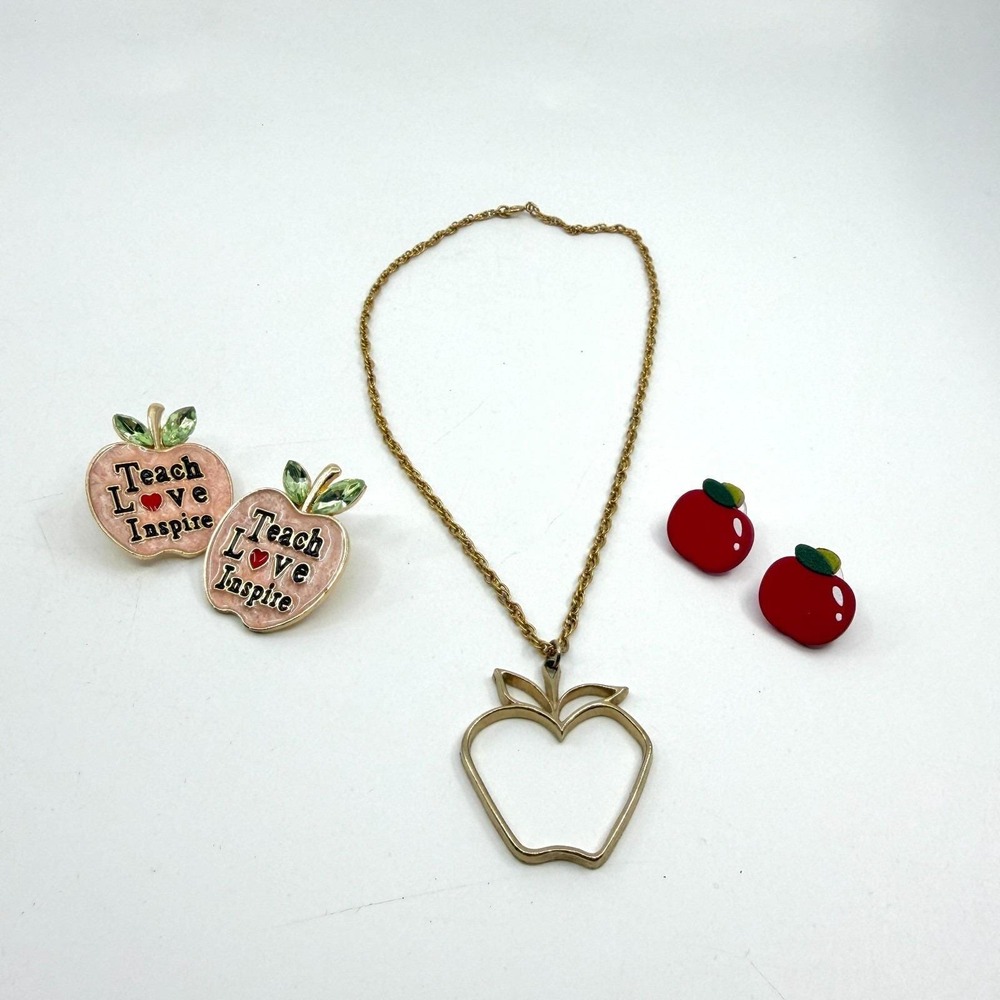 Teacher‎ Appreciation Apple Pendant Necklace & Cute Red Apple Stud Earrings Set